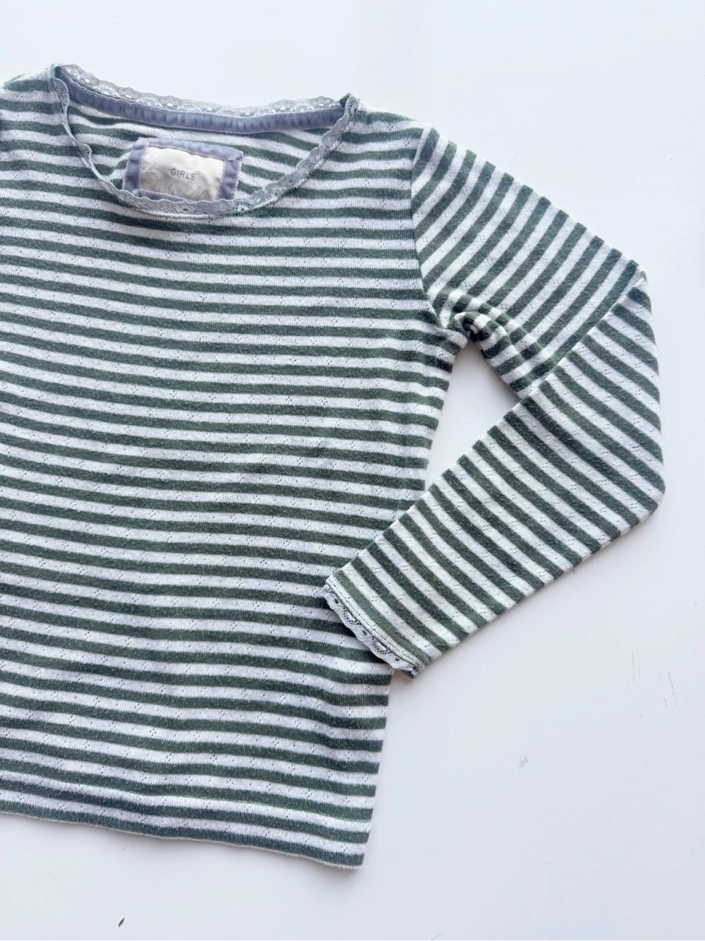 Mini Boden Striped Pointelle Long Sleeved Tee Green and White Size 5/6